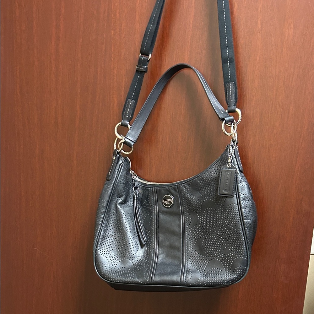 Vintage Coach Black Perforated Leather Shoulder Bag